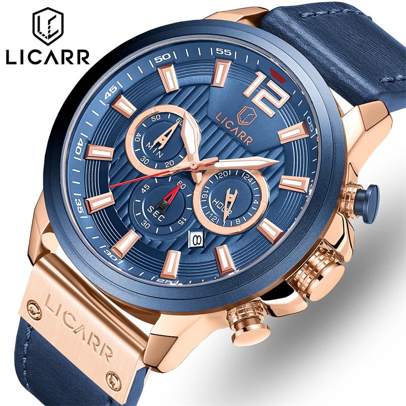 LICARR Brand Waterproof Fashion Casual Men's Watches Leather Strap Chronograph Watch 9501