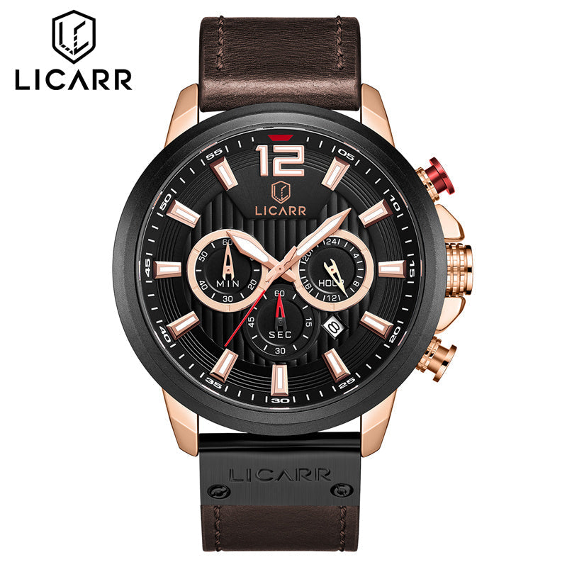 LICARR Brand Waterproof Fashion Casual Men's Watches Leather Strap Chronograph Watch 9501