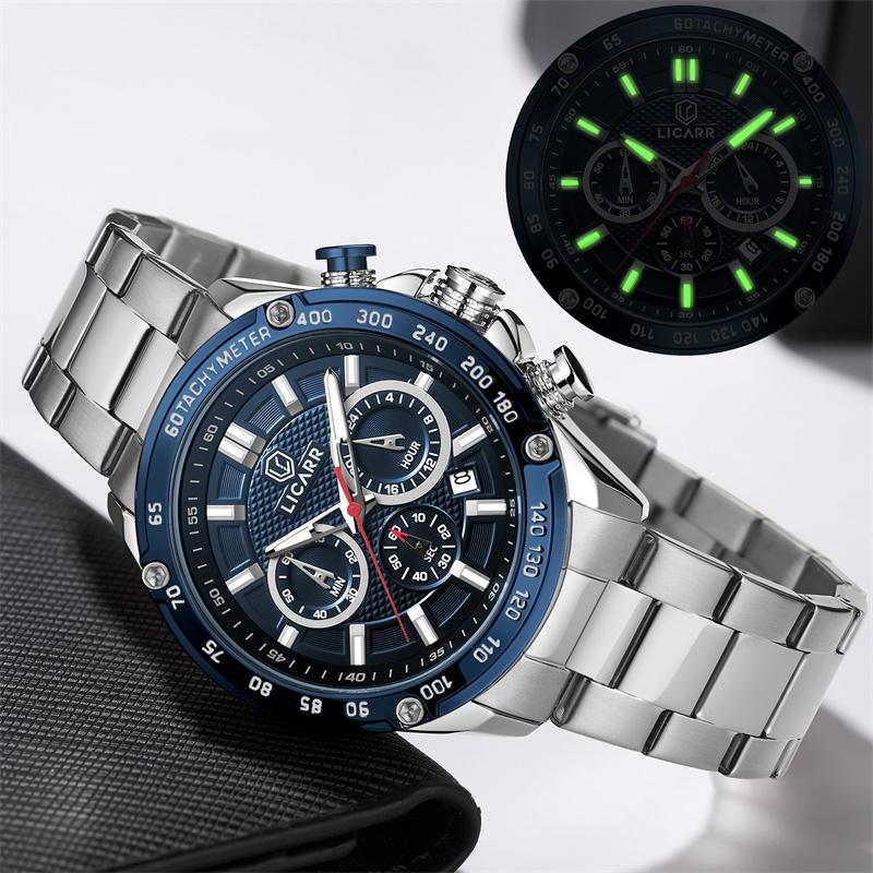 LICARR Original Brand Men's Watches Classic Quartz Waterproof Clock Male Casual Fashion Chronograph Luminous Date